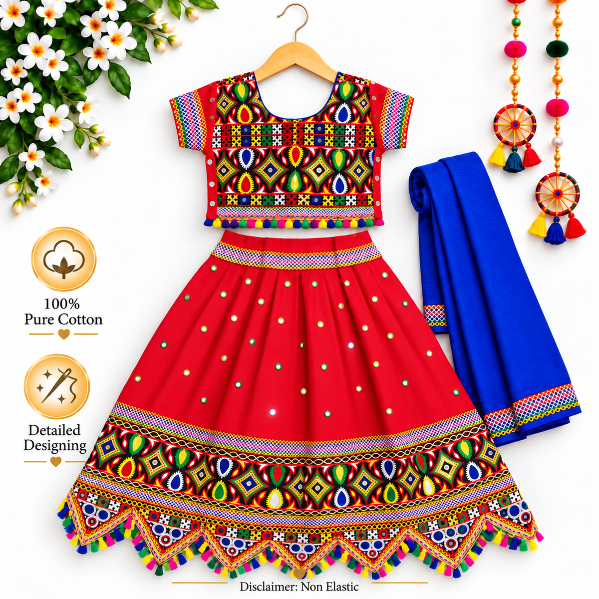 Girls Red Navratri Ghagra Choli Set with Blue Dupatta | 100% Pure Cotton | Traditional Garba & Dandiya Dress