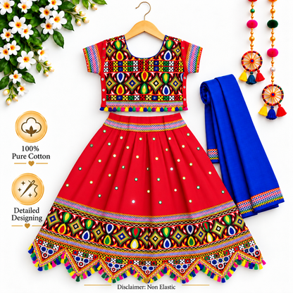Girls Red Navratri Ghagra Choli Set with Blue Dupatta | 100% Pure Cotton | Traditional Garba & Dandiya Dress
