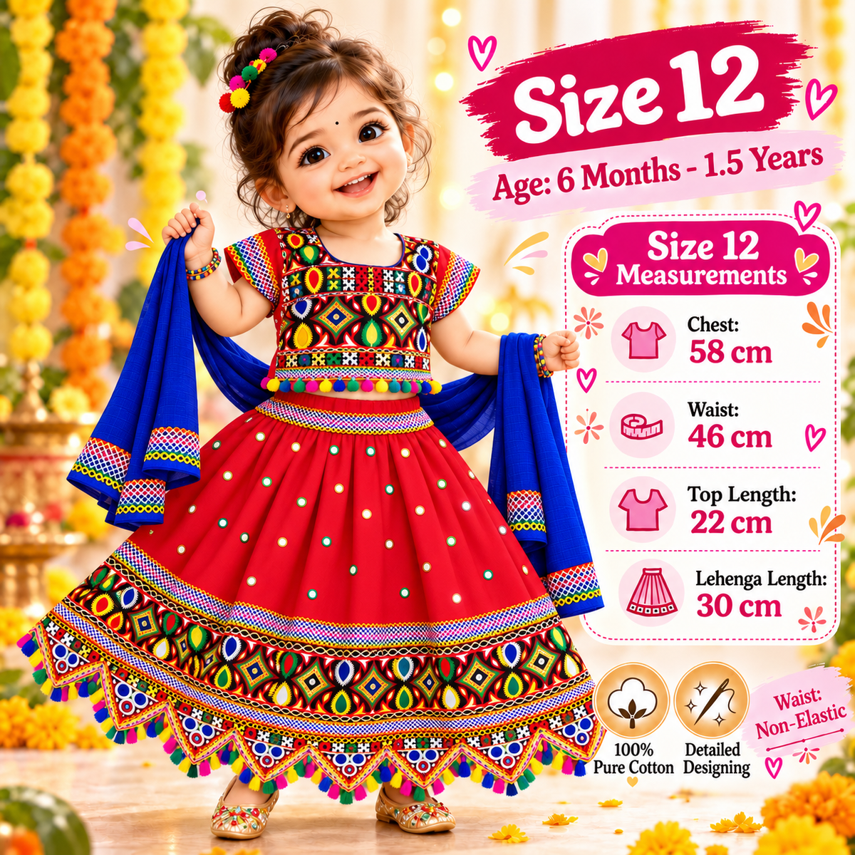 Girls Red Navratri Ghagra Choli Set with Blue Dupatta | 100% Pure Cotton | Traditional Garba & Dandiya Dress