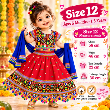 Girls Red Navratri Ghagra Choli Set with Blue Dupatta | 100% Pure Cotton | Traditional Garba & Dandiya Dress