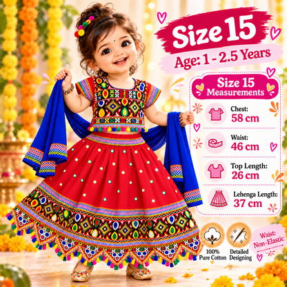 Girls Red Navratri Ghagra Choli Set with Blue Dupatta | 100% Pure Cotton | Traditional Garba & Dandiya Dress
