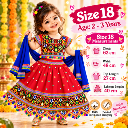 Girls Red Navratri Ghagra Choli Set with Blue Dupatta | 100% Pure Cotton | Traditional Garba & Dandiya Dress