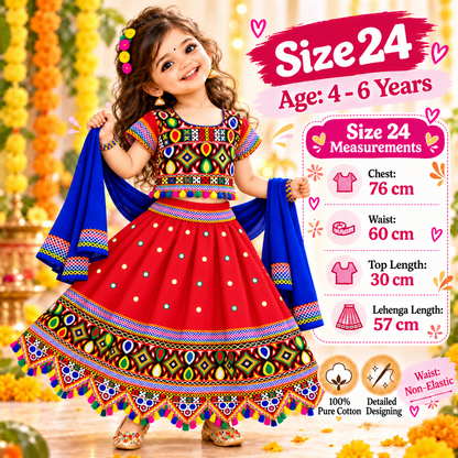 Girls Red Navratri Ghagra Choli Set with Blue Dupatta | 100% Pure Cotton | Traditional Garba & Dandiya Dress