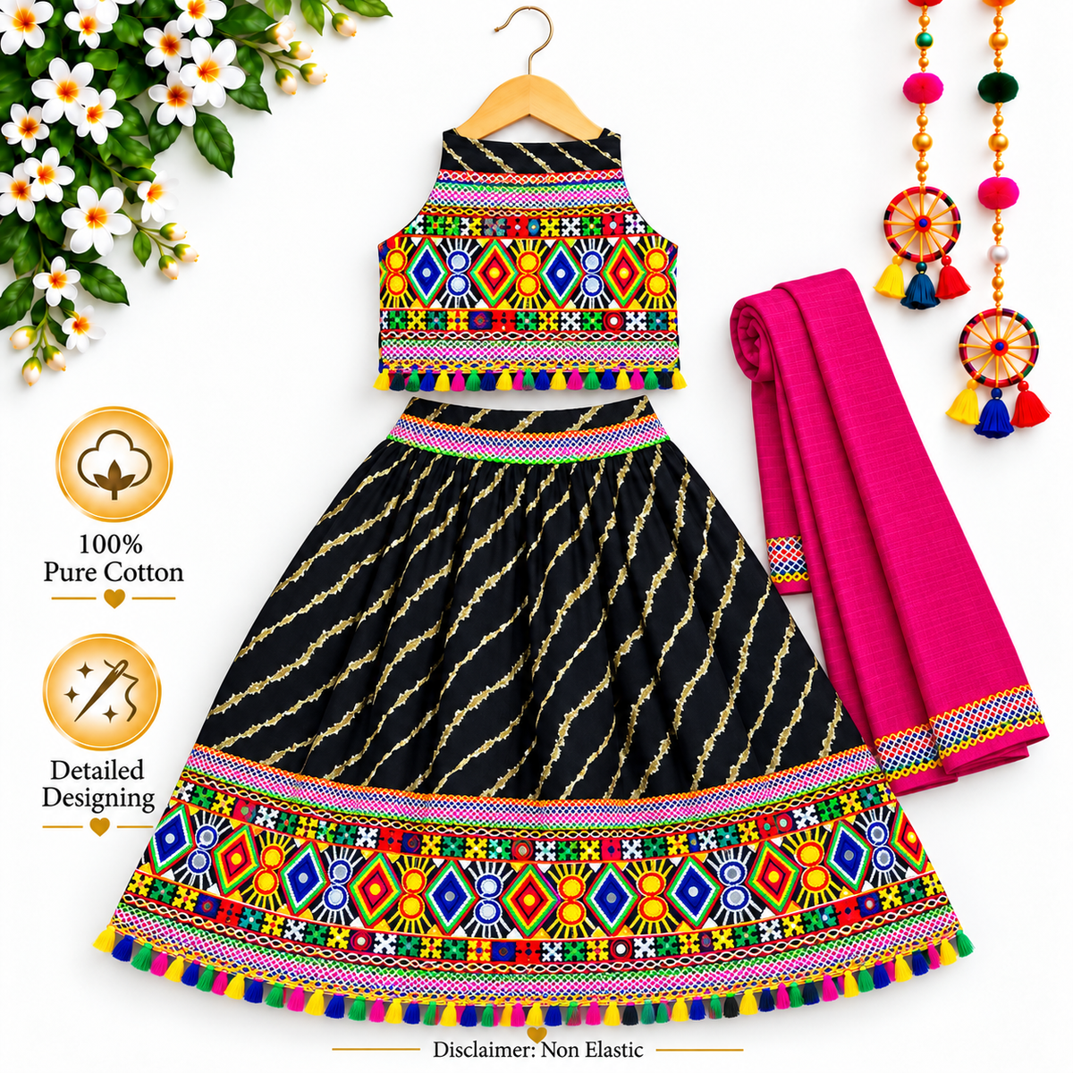 Girls Black Navratri Ghagra Choli Set with Pink Dupatta | 100% Pure Cotton | Traditional Garba & Dandiya Dress
