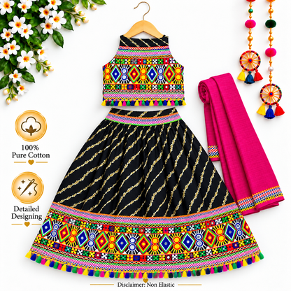 Girls Black Navratri Ghagra Choli Set with Pink Dupatta | 100% Pure Cotton | Traditional Garba & Dandiya Dress