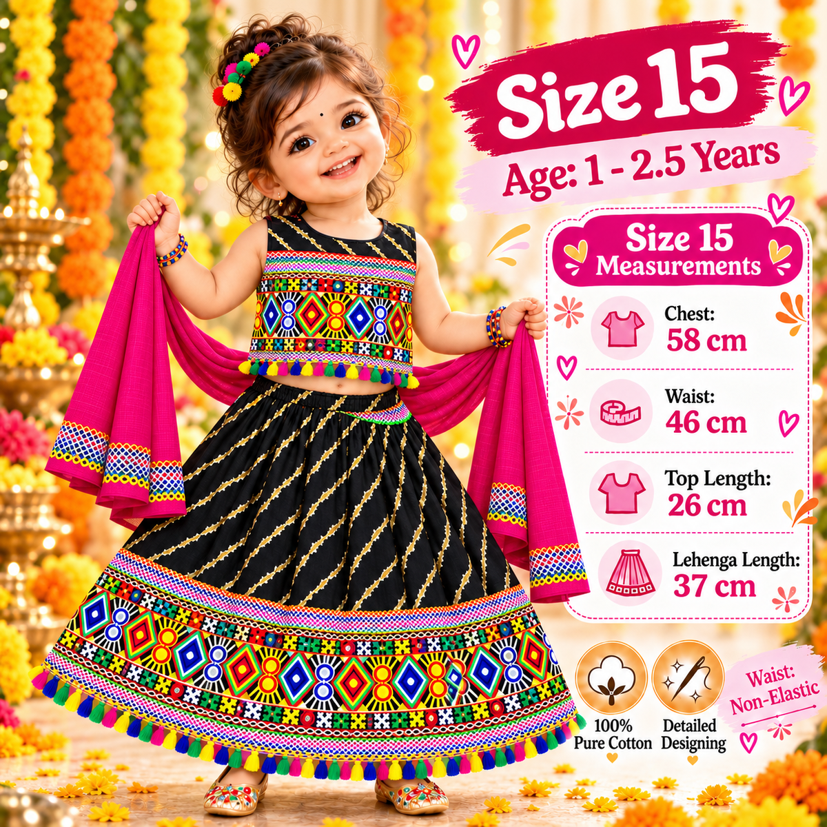 Girls Black Navratri Ghagra Choli Set with Pink Dupatta | 100% Pure Cotton | Traditional Garba & Dandiya Dress