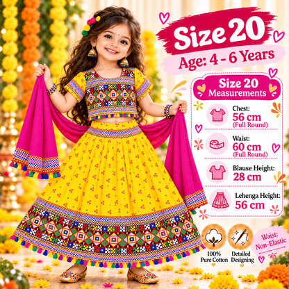 Girls Yellow Pure Cotton Ghagra Choli Set with Rani Pink Dupatta – Traditional Navratri Lehenga