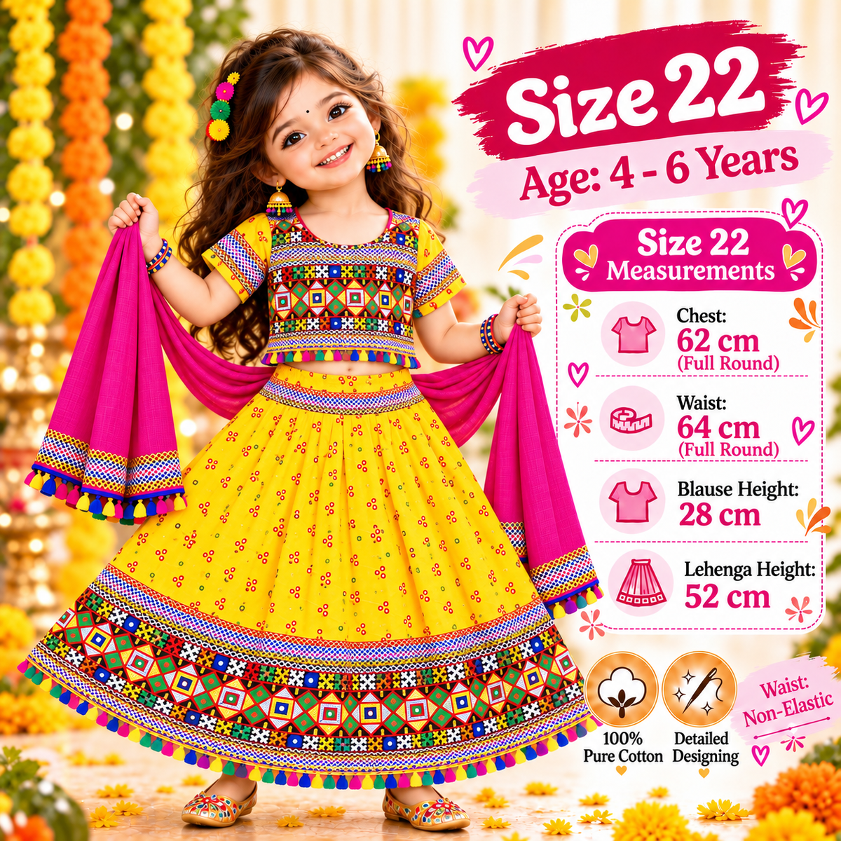 Girls Yellow Pure Cotton Ghagra Choli Set with Rani Pink Dupatta – Traditional Navratri Lehenga