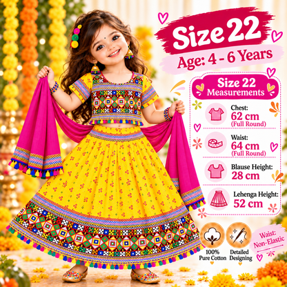 Girls Yellow Pure Cotton Ghagra Choli Set with Rani Pink Dupatta – Traditional Navratri Lehenga