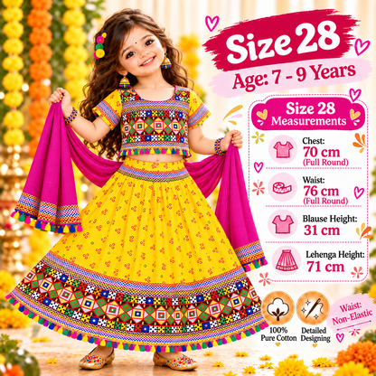 Girls Yellow Pure Cotton Ghagra Choli Set with Rani Pink Dupatta – Traditional Navratri Lehenga