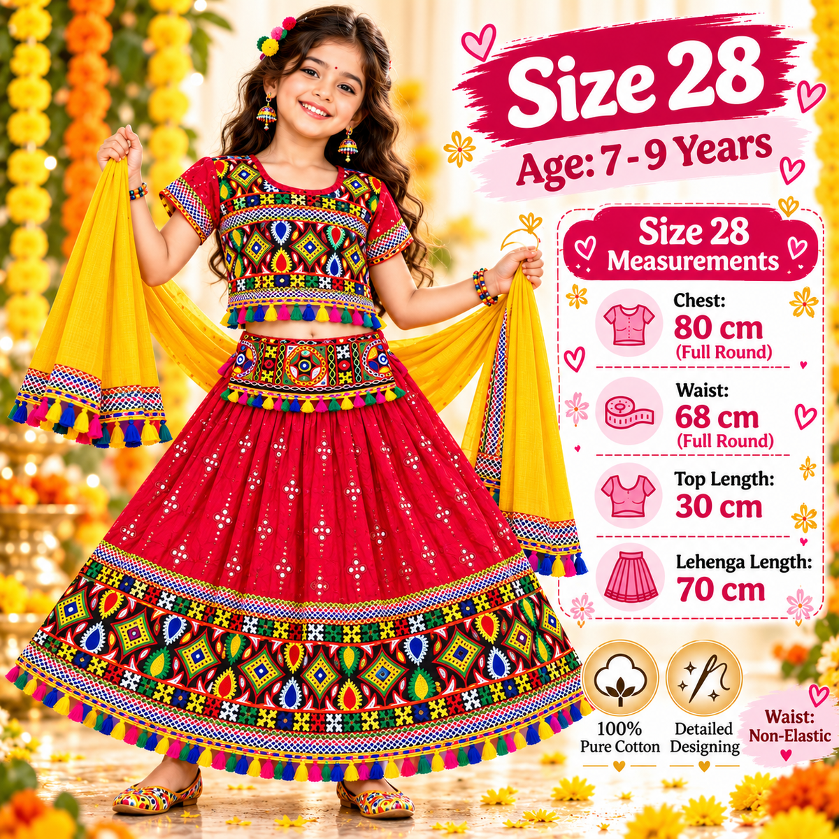 Girls Red Traditional Lehenga Choli Set with Mustard Yellow Dupatta – 100% Pure Cotton