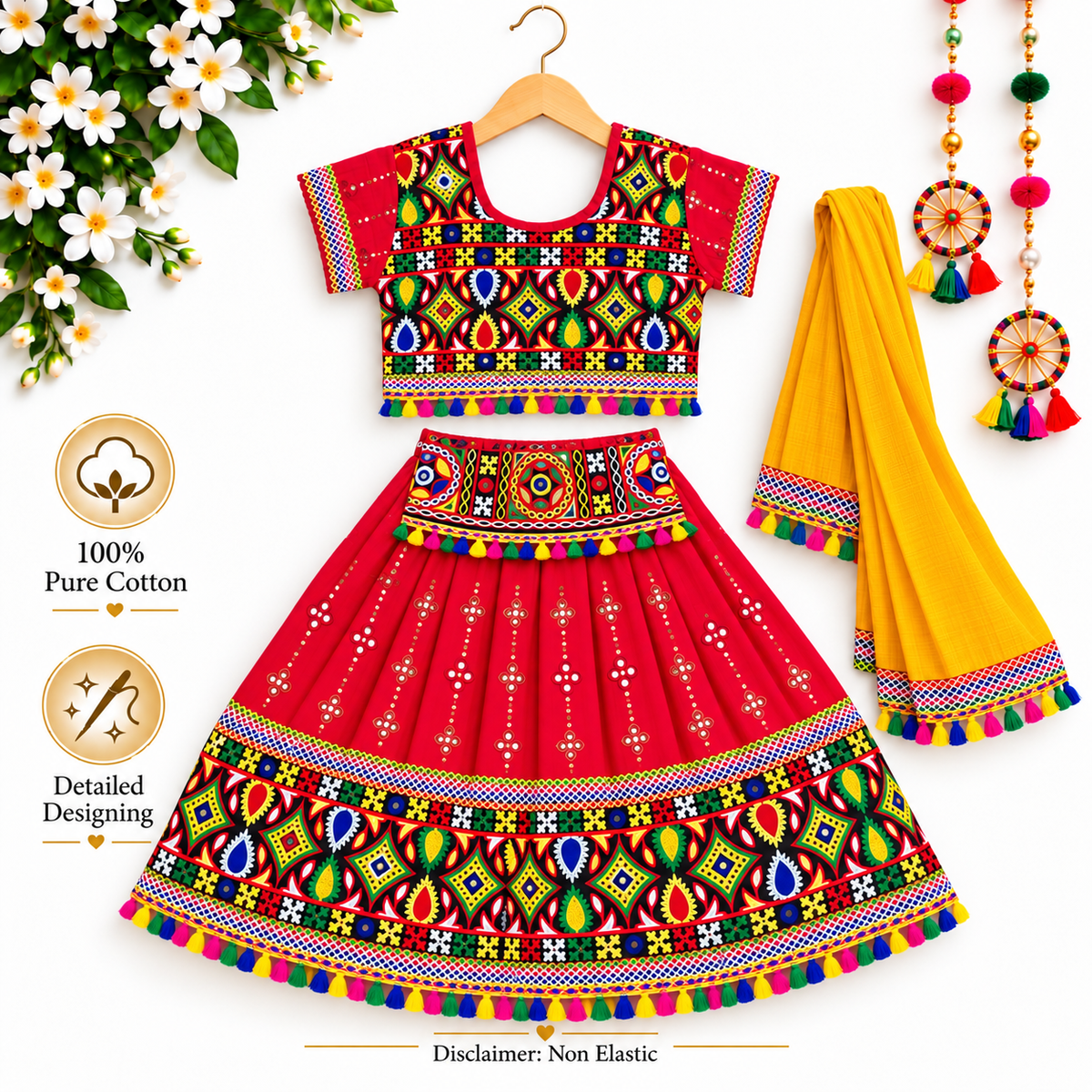 Girls Red Traditional Lehenga Choli Set with Mustard Yellow Dupatta – 100% Pure Cotton