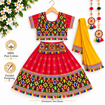 Girls Red Traditional Lehenga Choli Set with Mustard Yellow Dupatta – 100% Pure Cotton