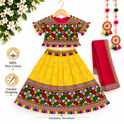 Girls Yellow Traditional Lehenga Choli Set with Red Dupatta – 100% Pure Cotton Festive Wear