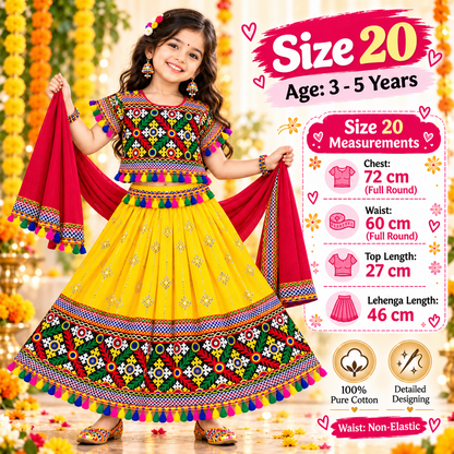 Girls Yellow Traditional Lehenga Choli Set with Red Dupatta – 100% Pure Cotton Festive Wear
