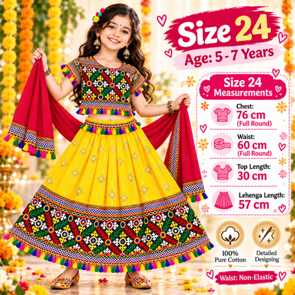 Girls Yellow Traditional Lehenga Choli Set with Red Dupatta – 100% Pure Cotton Festive Wear