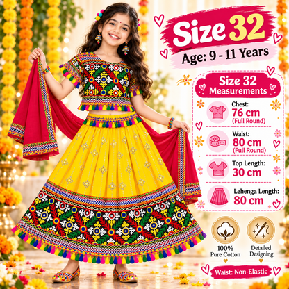 Girls Yellow Traditional Lehenga Choli Set with Red Dupatta – 100% Pure Cotton Festive Wear