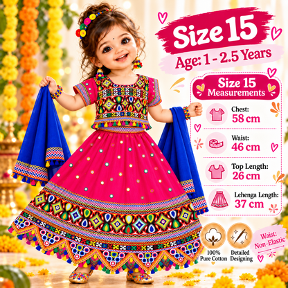 Girls Pink Multicolor Pure Cotton Garba Lehenga Choli Set with Royal Blue Dupatta