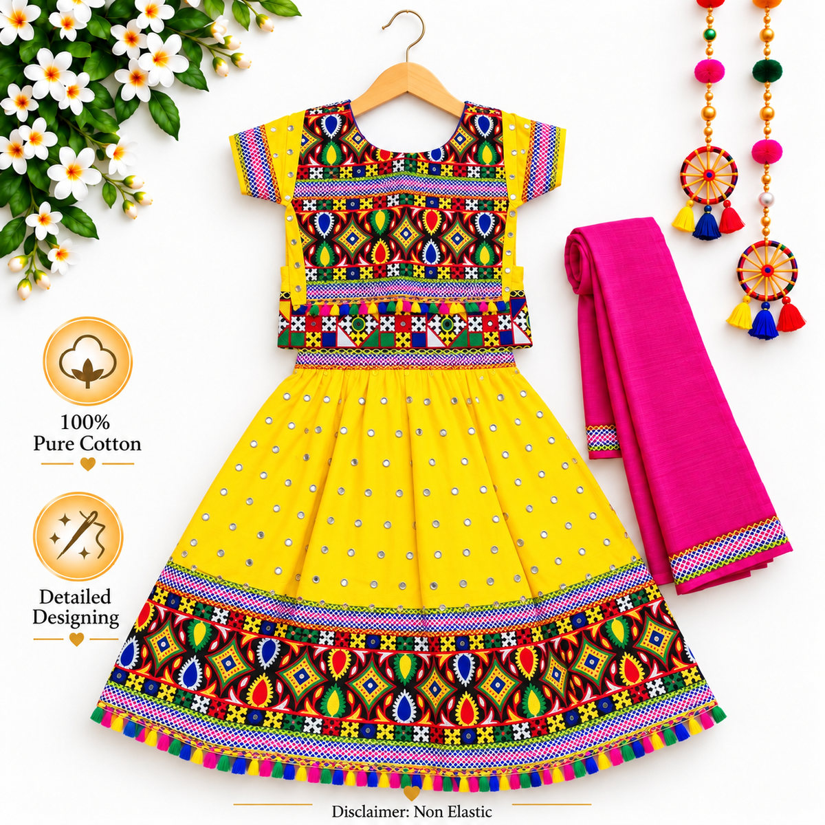 Girls Yellow Multicolor Mirror Work Pure Cotton Lehenga Choli Set with Pink Dupatta