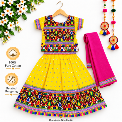 Girls Yellow Multicolor Mirror Work Pure Cotton Lehenga Choli Set with Pink Dupatta