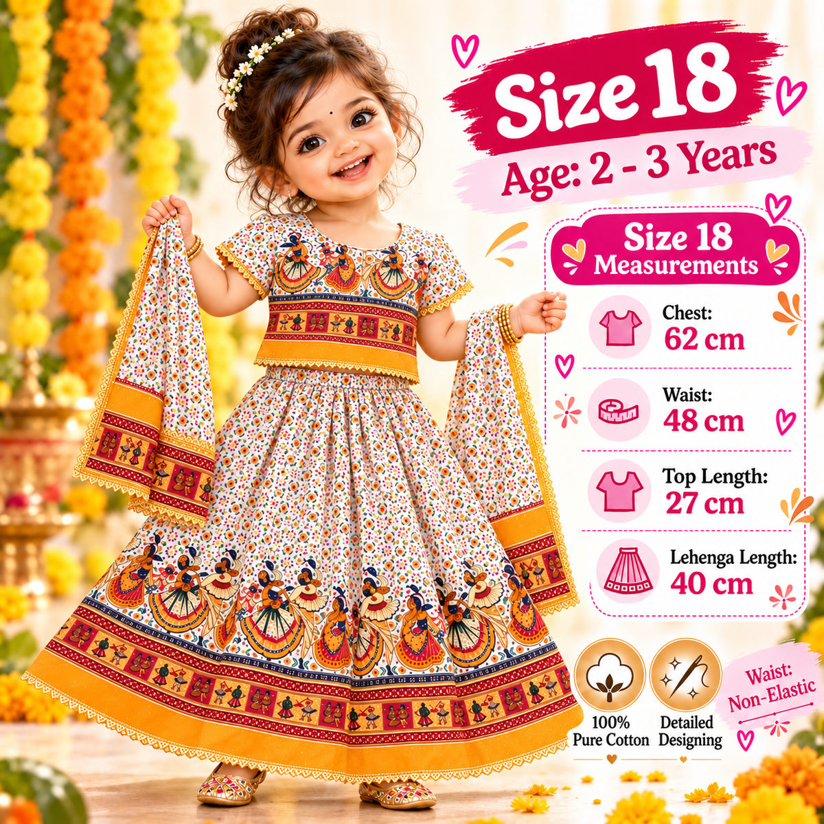 Kesari Orange Folk Dance Print Navratri Lehenga Choli Set for Girls