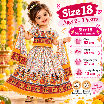 Kesari Orange Folk Dance Print Navratri Lehenga Choli Set for Girls