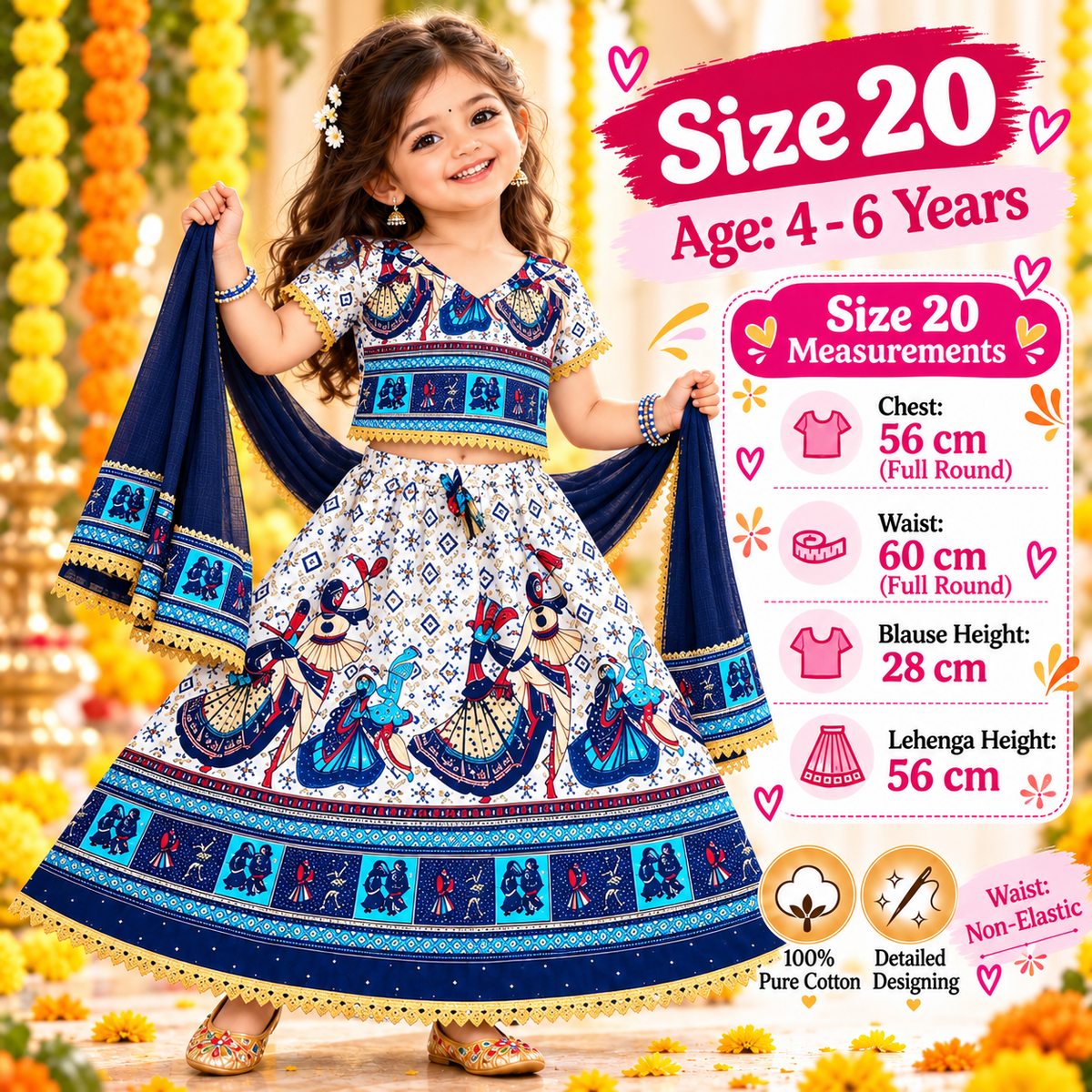 Royal Blue Radha Krishna Print Navratri Lehenga Choli Set for Girls