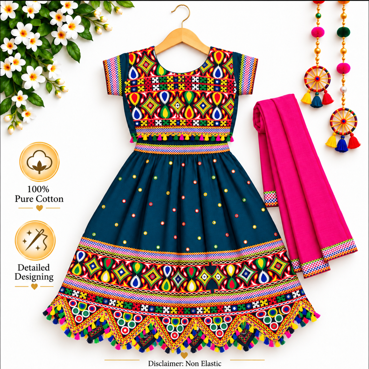 Girls Teal Blue Multicolor Pure Cotton Garba Lehenga Choli Set with Pink Dupatta