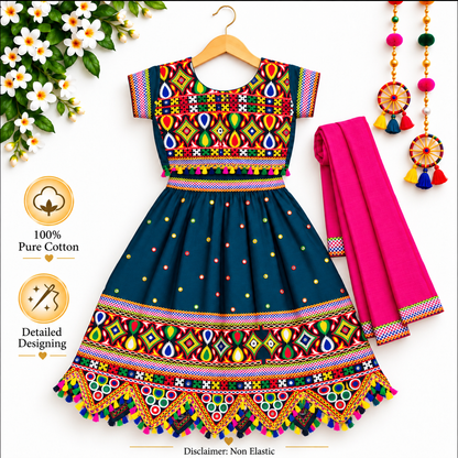 Girls Teal Blue Multicolor Pure Cotton Garba Lehenga Choli Set with Pink Dupatta