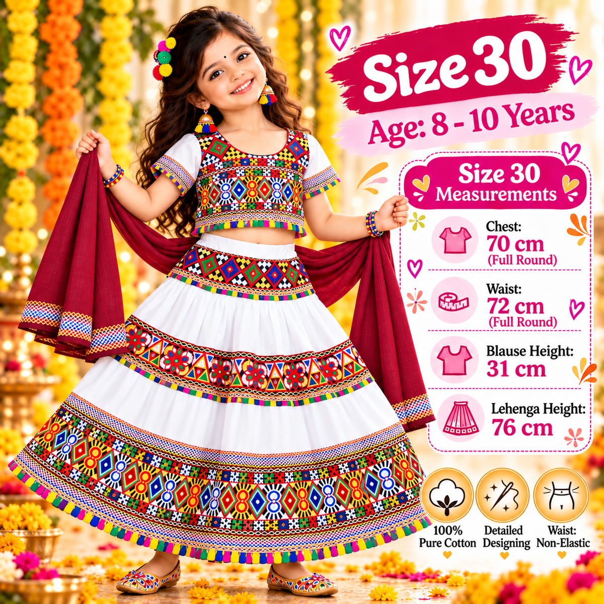 Girls White Traditional Cotton Lehenga Choli Set with Maroon Dupatta