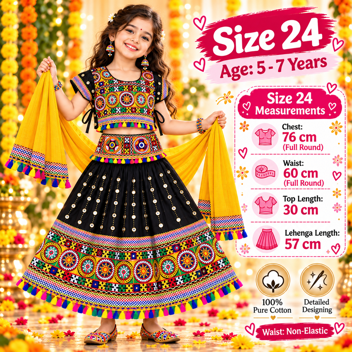 Girls Black Traditional Lehenga Choli Set with Yellow Dupatta – 100% Pure Cotton Festive Wear