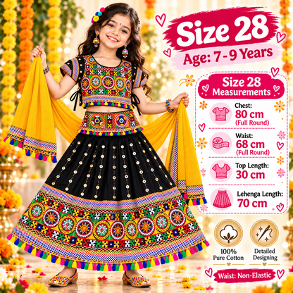 Girls Black Traditional Lehenga Choli Set with Yellow Dupatta – 100% Pure Cotton Festive Wear
