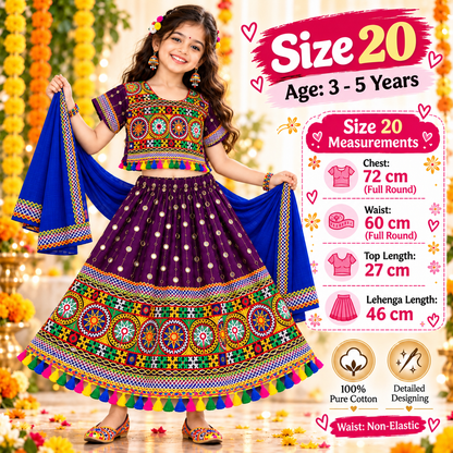 Girls Purple Traditional Lehenga Choli Set with Royal Blue Dupatta – 100% Pure Cotton Festive Wear