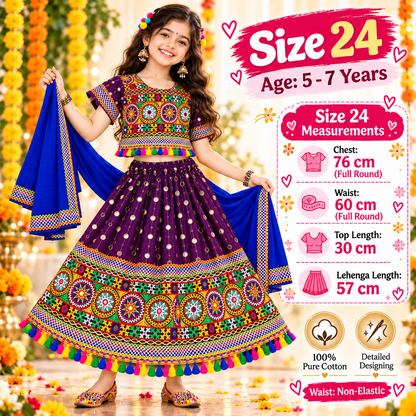 Girls Purple Traditional Lehenga Choli Set with Royal Blue Dupatta – 100% Pure Cotton Festive Wear