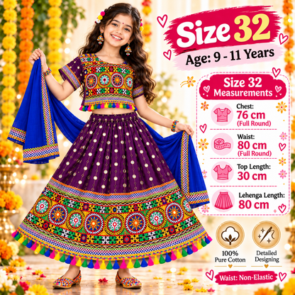 Girls Purple Traditional Lehenga Choli Set with Royal Blue Dupatta – 100% Pure Cotton Festive Wear