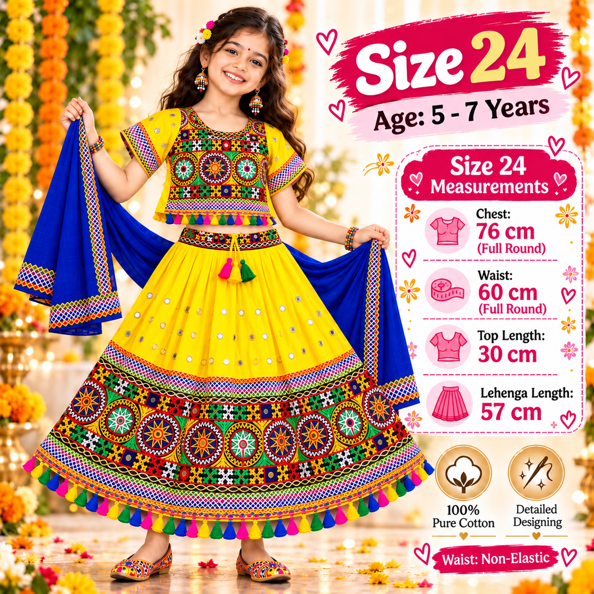 Girls Yellow Traditional Lehenga Choli Set with Blue Dupatta – 100% Pure Cotton Festive Wear