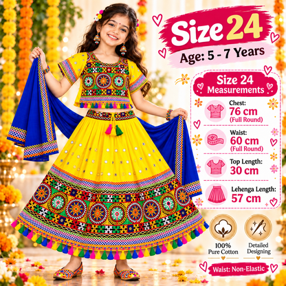Girls Yellow Traditional Lehenga Choli Set with Blue Dupatta – 100% Pure Cotton Festive Wear