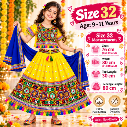 Girls Yellow Traditional Lehenga Choli Set with Blue Dupatta – 100% Pure Cotton Festive Wear