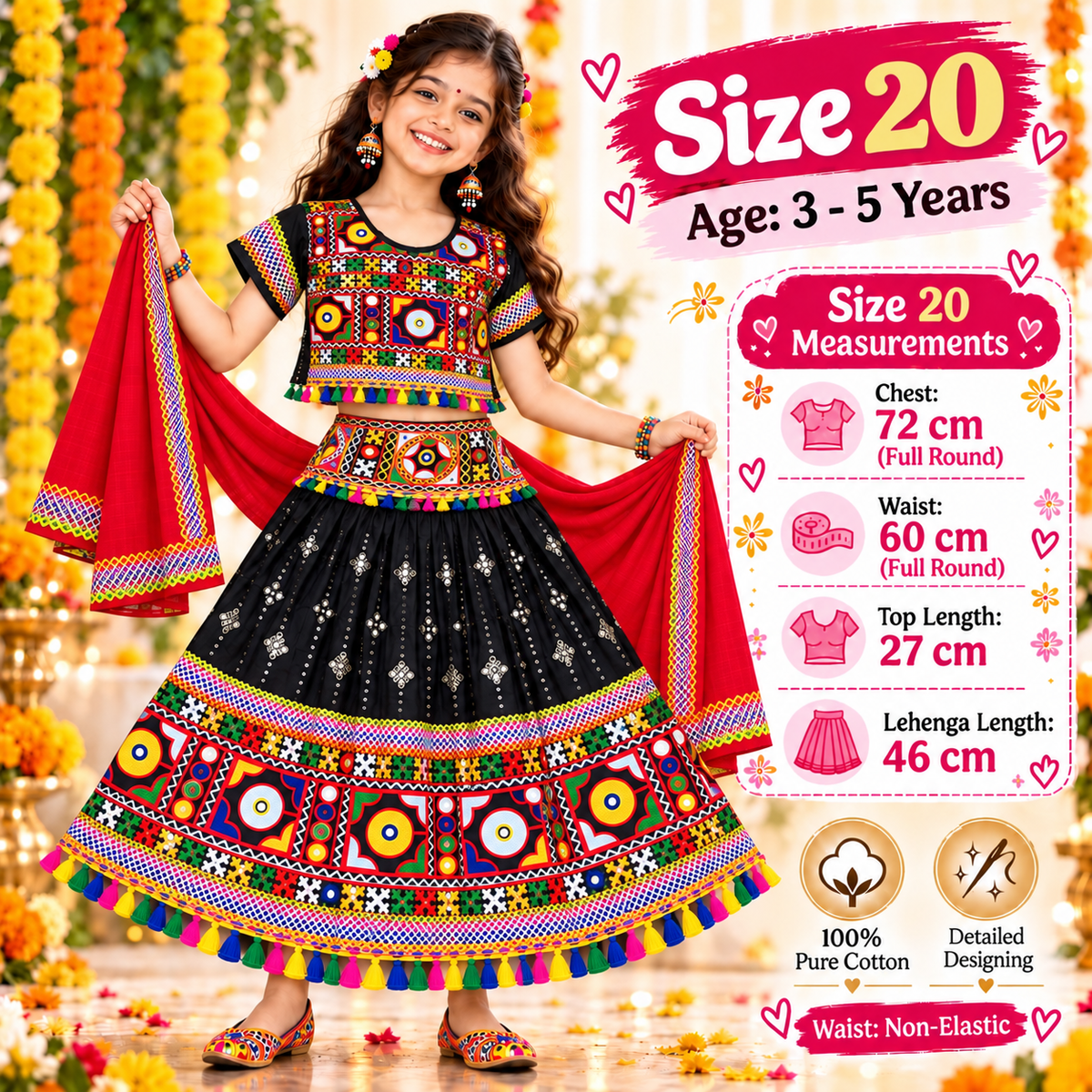 Girls Black Traditional Lehenga Choli Set with Red Dupatta – 100% Pure Cotton Festive Wear