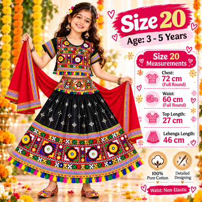 Girls Black Traditional Lehenga Choli Set with Red Dupatta – 100% Pure Cotton Festive Wear