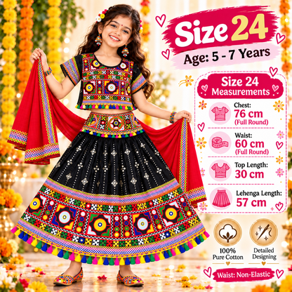 Girls Black Traditional Lehenga Choli Set with Red Dupatta – 100% Pure Cotton Festive Wear