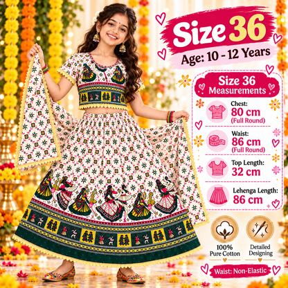 Emerald Green Folk Print Navratri Lehenga Choli Set for Girls