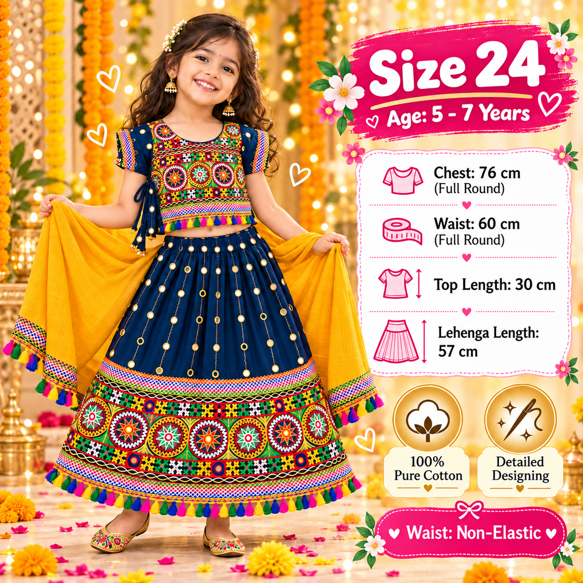 Girls Navy Blue Traditional Lehenga Choli Set with Mustard Yellow Dupatta – 100% Pure Cotton