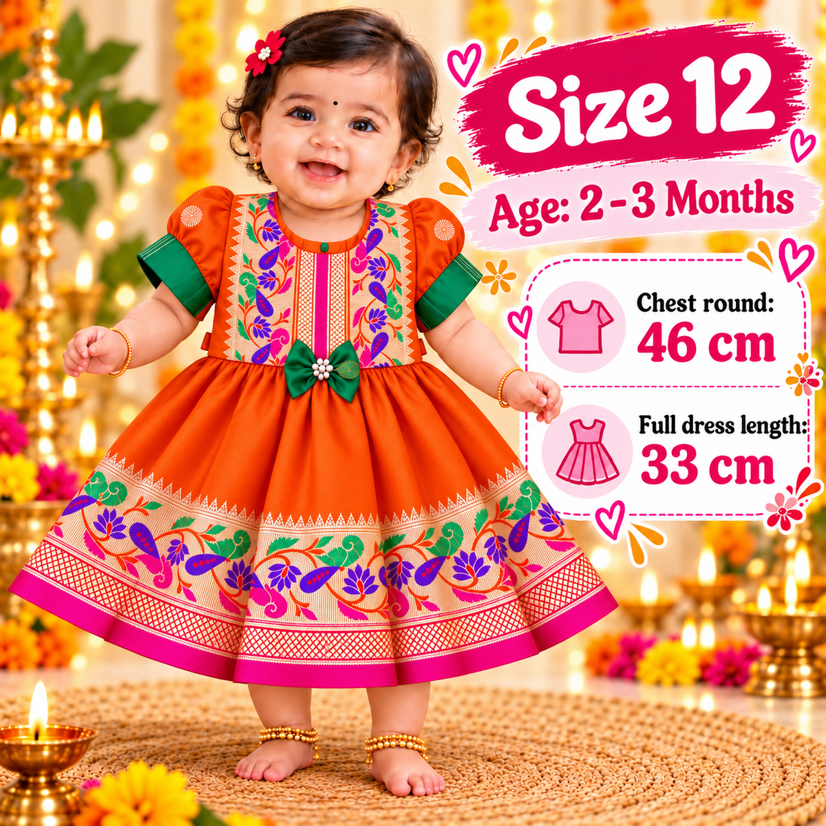 Girls Orange Paithani Frock Dress | Traditional Indian Ethnic Wear | Diwali & Festive Special