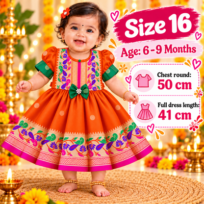 Girls Orange Paithani Frock Dress | Traditional Indian Ethnic Wear | Diwali & Festive Special