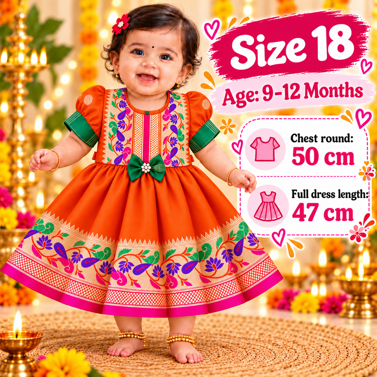 Girls Orange Paithani Frock Dress | Traditional Indian Ethnic Wear | Diwali & Festive Special