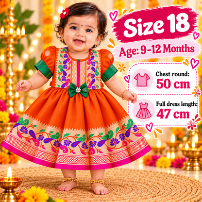 Girls Orange Paithani Frock Dress | Traditional Indian Ethnic Wear | Diwali & Festive Special