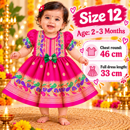 Girls Rani Pink Paithani Frock Dress | Traditional Indian Festive Wear | Wedding & Party Special