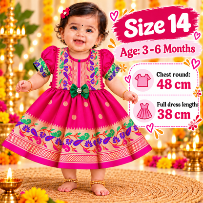 Girls Rani Pink Paithani Frock Dress | Traditional Indian Festive Wear | Wedding & Party Special