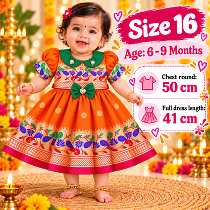 Girls Orange Peacock Border Paithani Frock with Green Bow | Baby Girls Festive & Party Wear